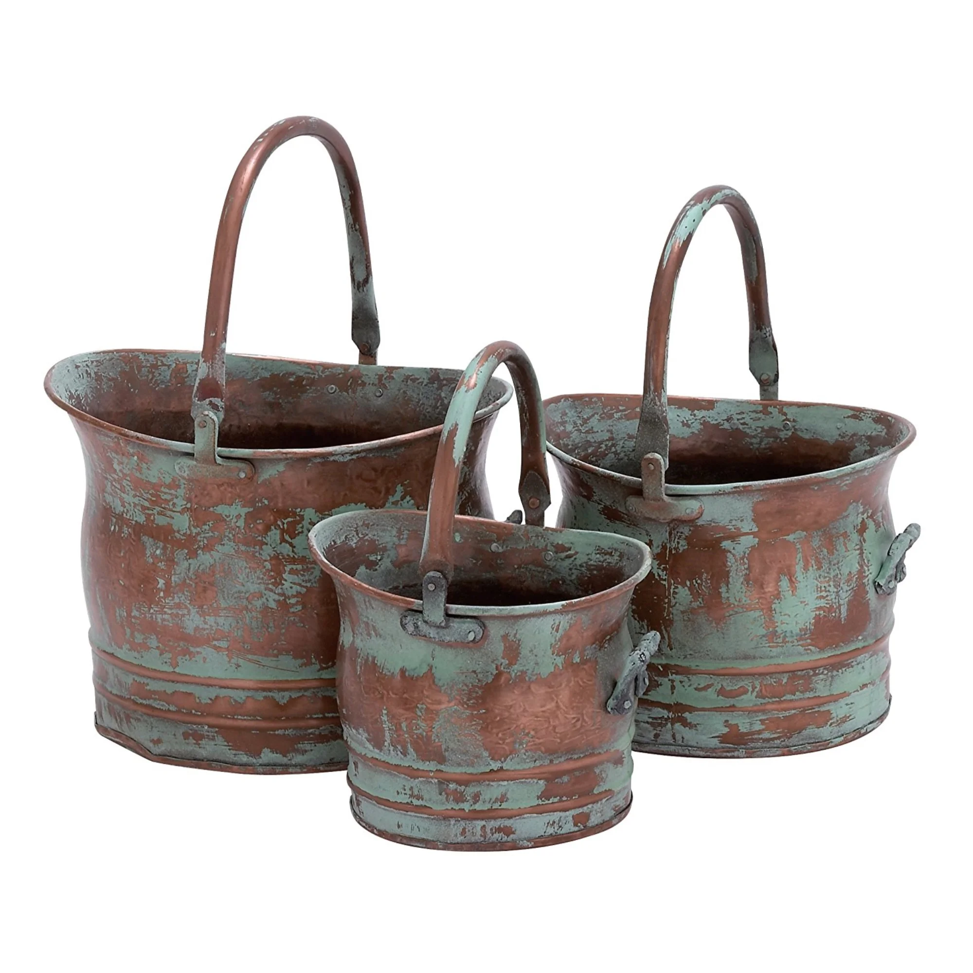 Green Tinged Metal Bucket Planter With Handles, Set of 3 - Curated Treasures Market