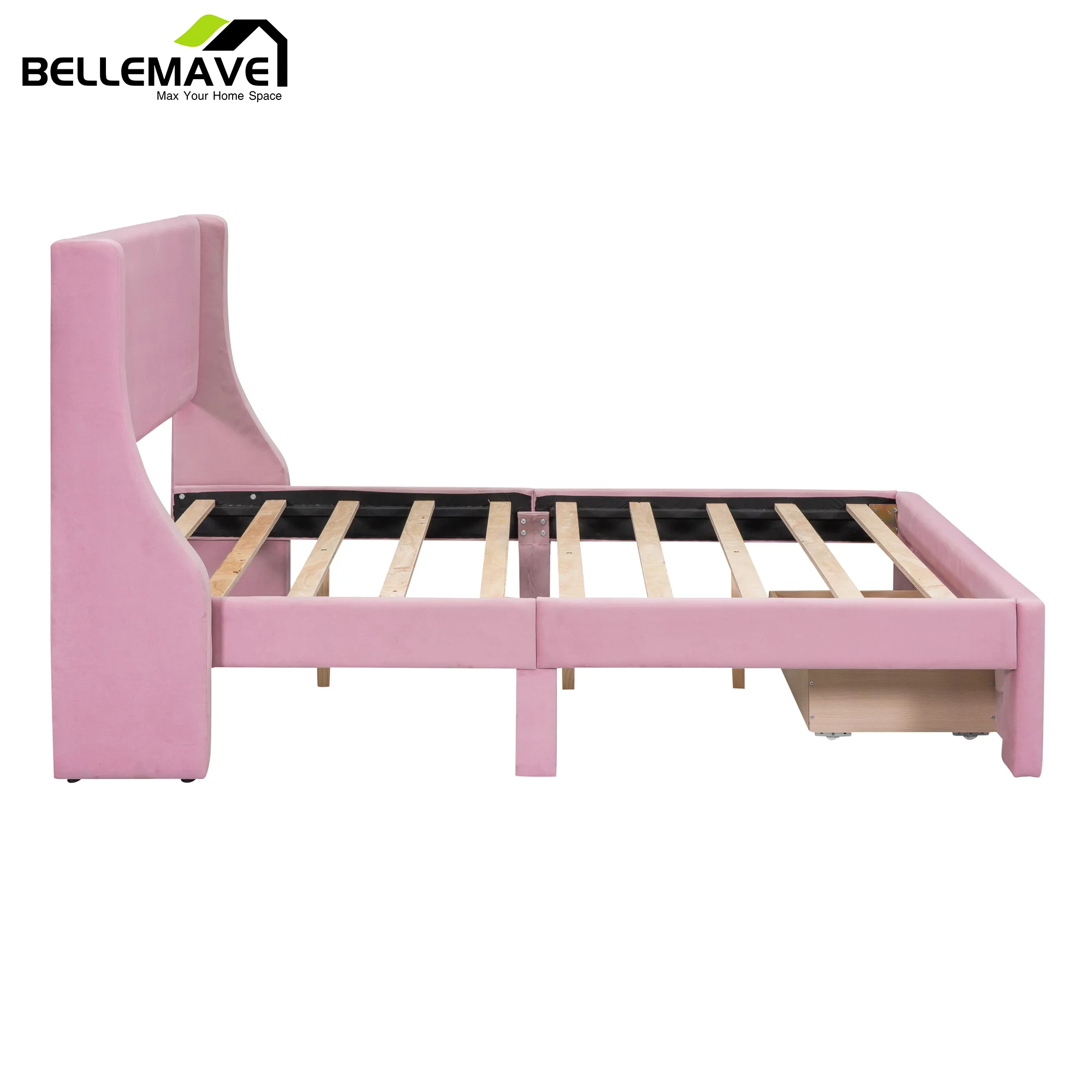 Bellemave Full Size Pink Velvet Upholstered Platform Bed with One Spacious Drawer and Wood Slats