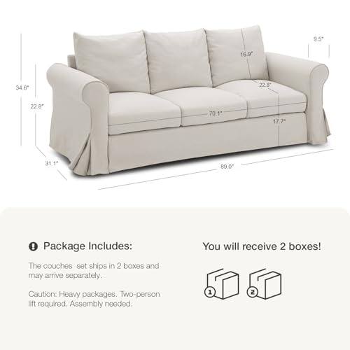 Classic 3 Seater Couches for Living Room, 89" White Slip Covered Sofa with Extra Deep Seat