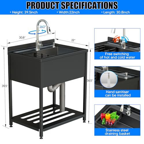 Stainless Steel Utility Sink, 36.6" × 24.2" × 36.6"Freestanding Sink with Cold and Hot Water Faucet,Hoses and Drain Kit for Kitchens, Bathrooms
