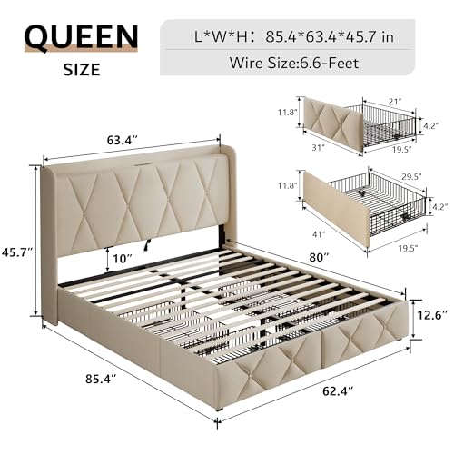 iPormis Queen Bed Frame with 4 Storage Drawers, Upholstered Platform Bed Frame with Charging Station, Modern Wingback Storage Headboard
