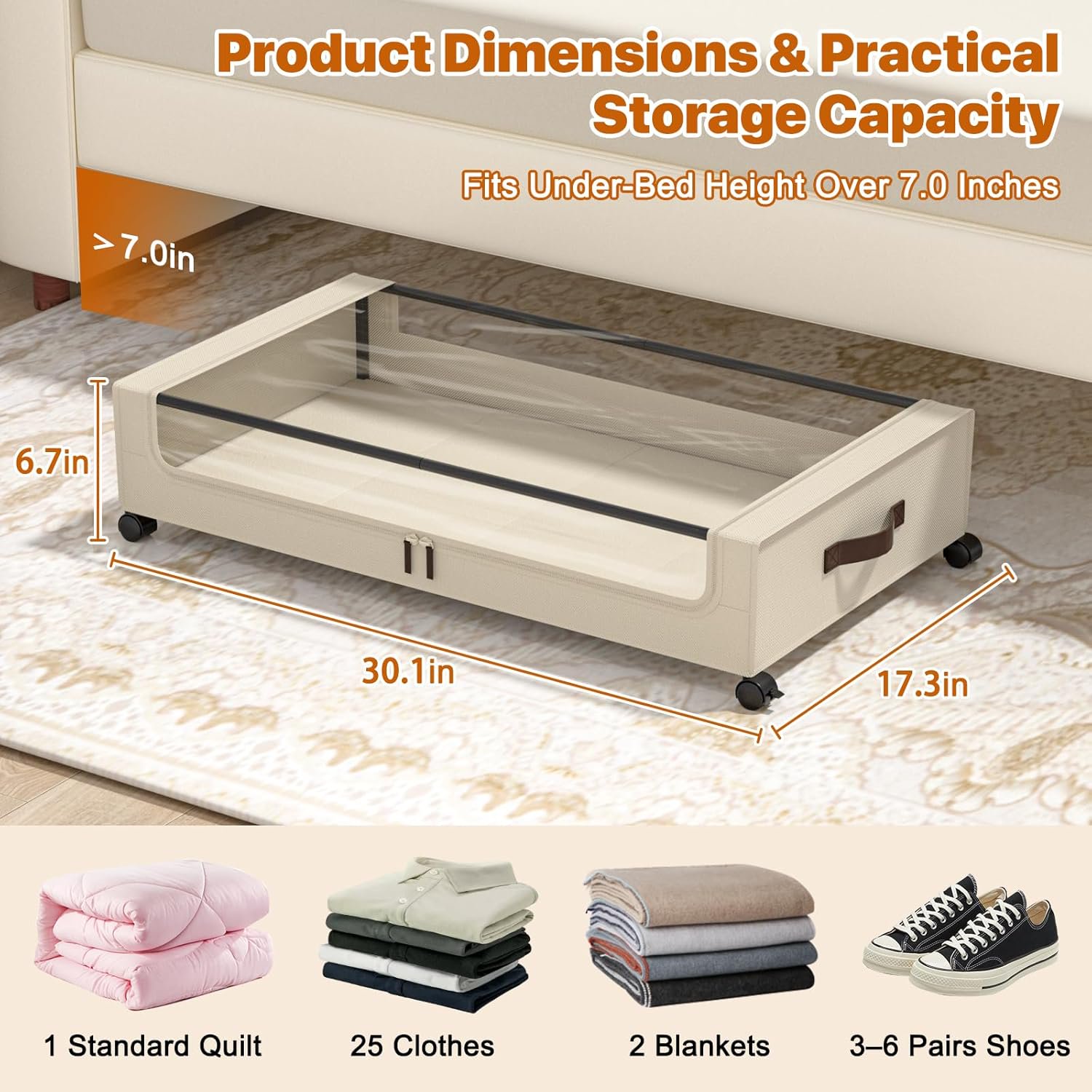 Under Bed Storage with Wheels, 4 Pack Under Bed Storage Containers with Clear Lids, XXL 60L Under-Bed Organizers for Clothes