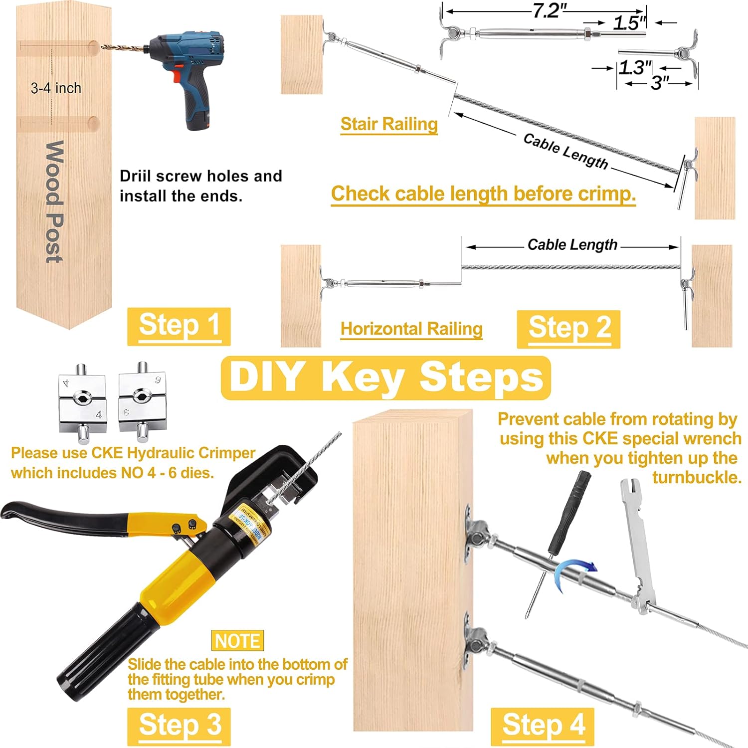 CKE 25 Pack T316 Stainless Steel 180° Adjustable Angle Cable Railing Hardware Kit 1/8 Wire Rope for Wood Post