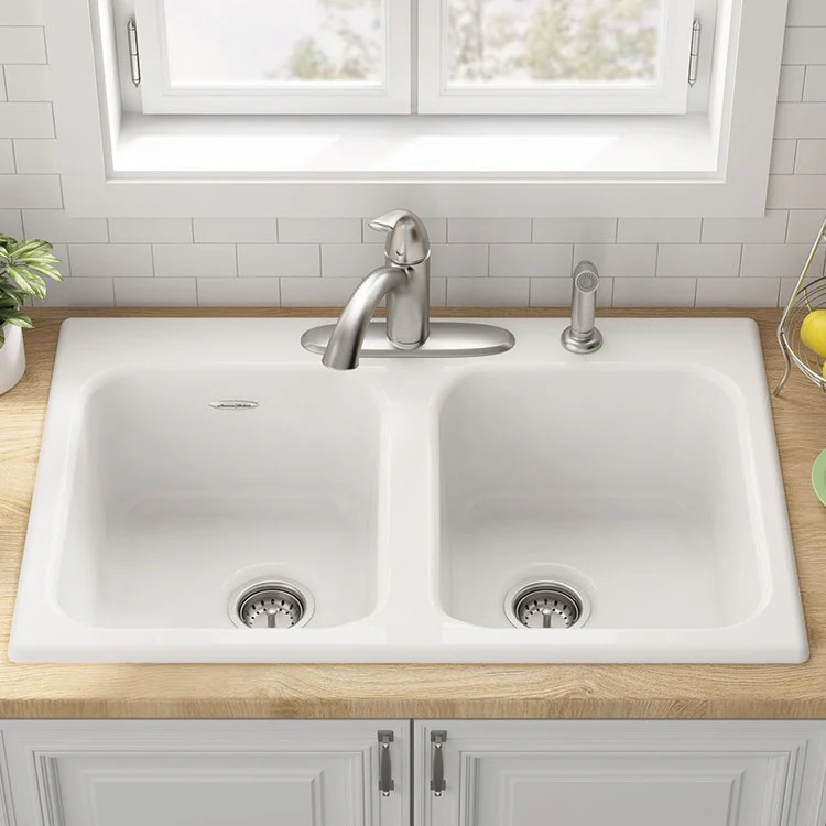 Quince 33" Equal Double Bowl Cast Iron Drop-In Kitchen Sink with 4 Holes