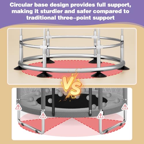 60" Trampoline for Kids, Anti-Rollover Round Bottom Baby Toddler Trampoline with Basketball Hoop, Indoor/Outdoor Kid Trampoline with Enclosure Net