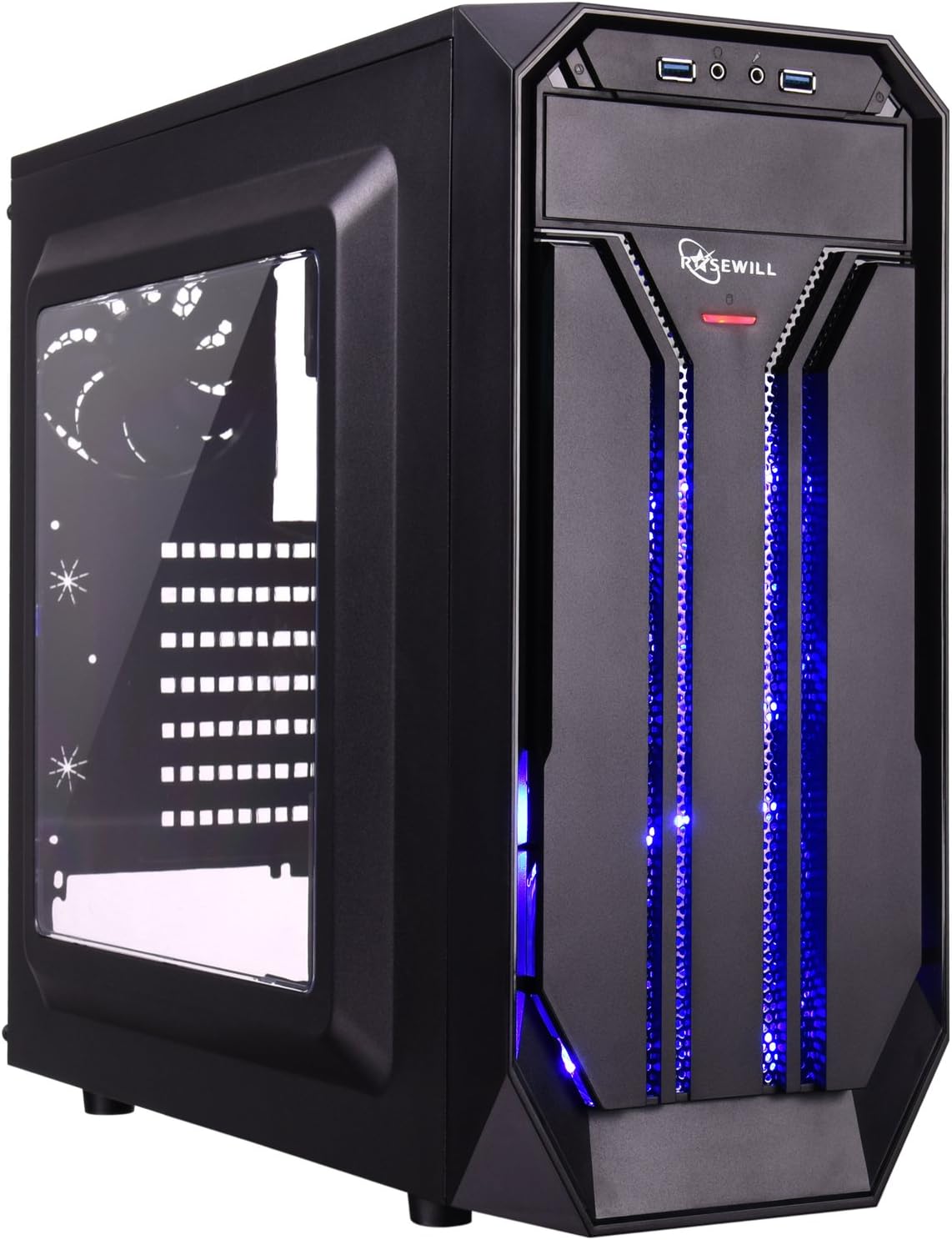 ROSEWILL ATX Mid Tower Gaming Computer Case, Gaming Case with Blue LED for Desktop / PC and 3 Case Fans Pre-Installed