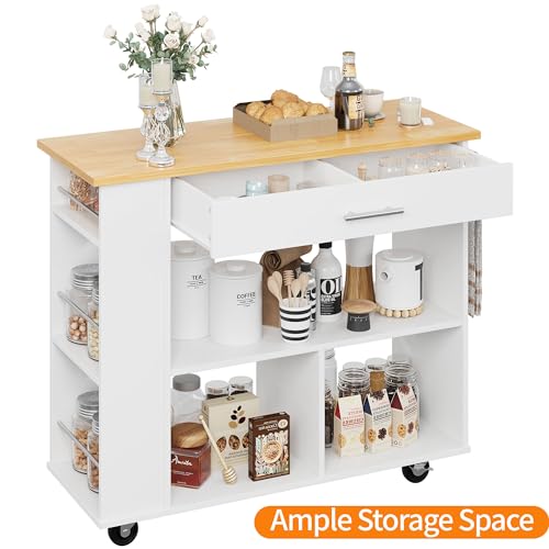 Shintenchi Rolling Kitchen Island Cart with Folding Drop Leaf Breakfast Bar, Portable Trolley Island with Large Storage Cabinet, Shelf and Drawer