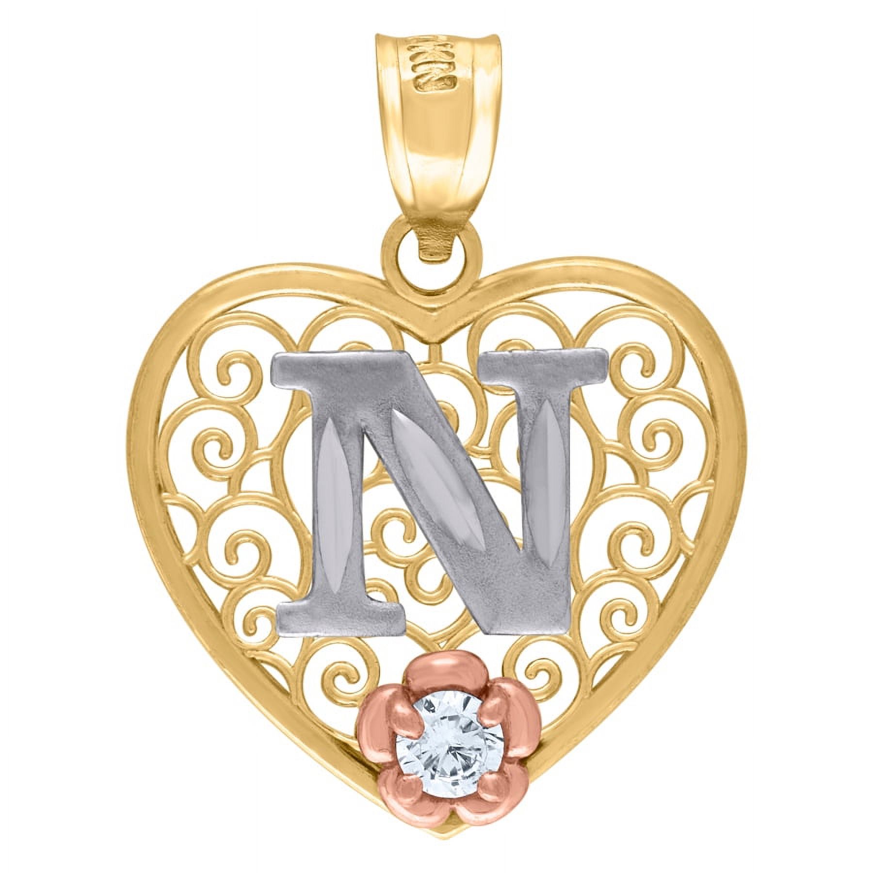 10k Tri color Gold Womens Love Heart Letter Name Personalized Monogram Initial N Charm Pendant Necklace Measures 24.8x18