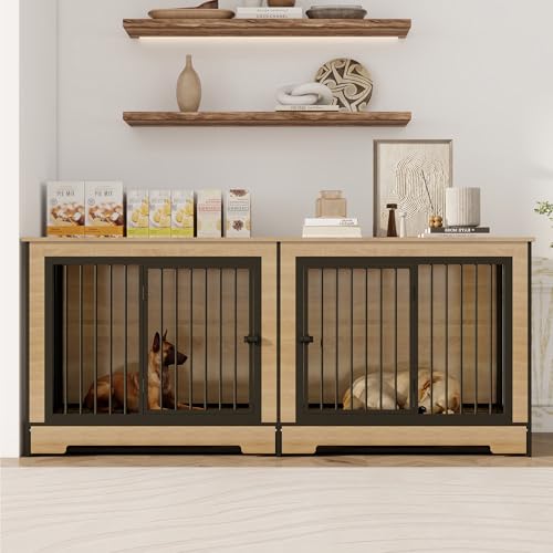 XL Double Large Dog Crate Furniture for 2 Dogs, Heavy Duty Dog Crate with Two Combined Rooms for Medium & Large Dogs