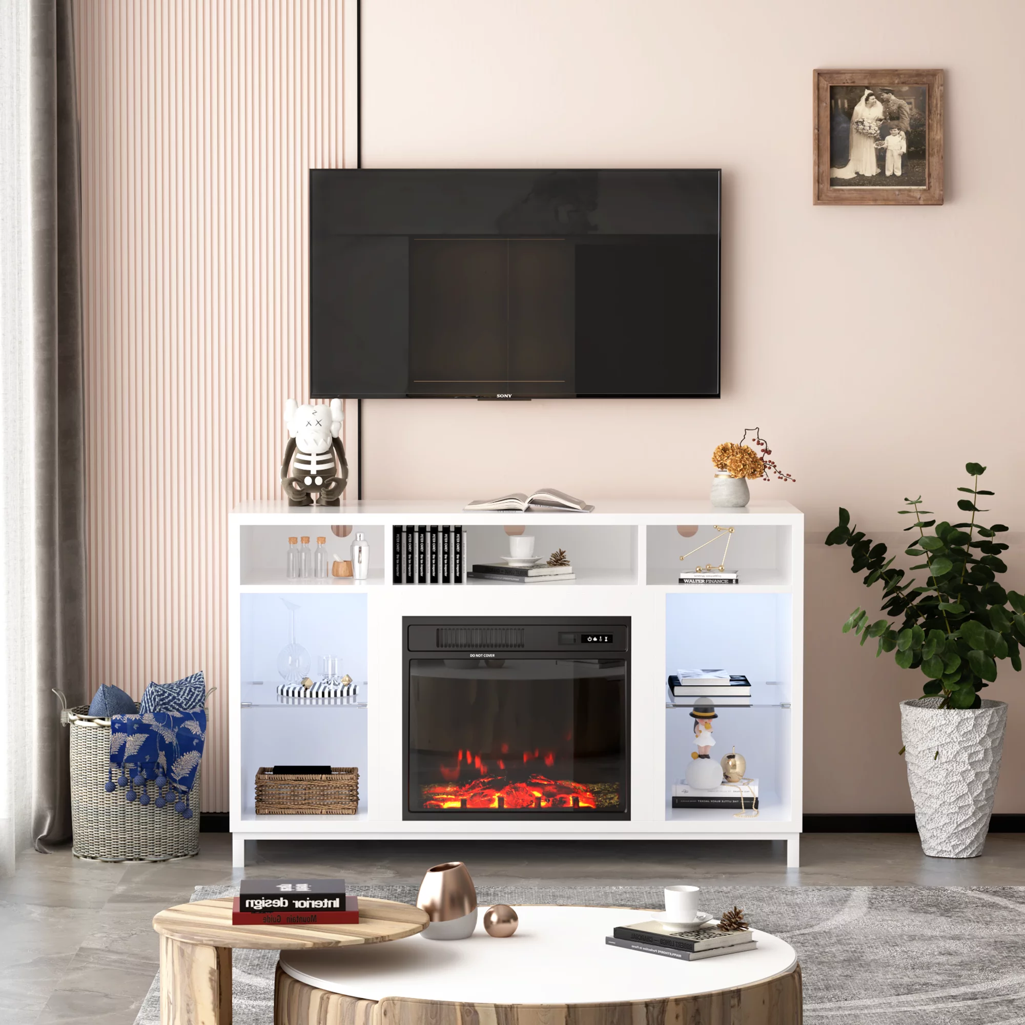 Fireplace TV Stand with 18" Electric Fireplace, Entertainment Center with Adjustable Glass Shelves, TV Console for TVs up to 47"