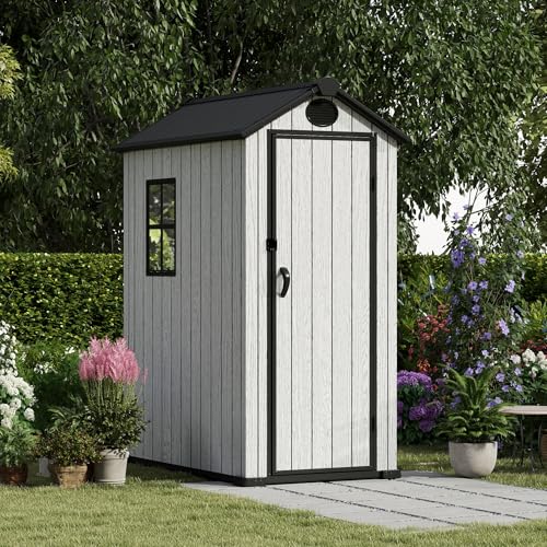 4.4x6 FT Resin Outdoor Storage Shed, 230 Cuft Garden Tool Sheds & Outdoor Storage Plastic Shed with Floor