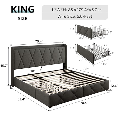 iPormis Queen Bed Frame with 4 Storage Drawers, Upholstered Platform Bed Frame with Charging Station, Modern Wingback Storage Headboard