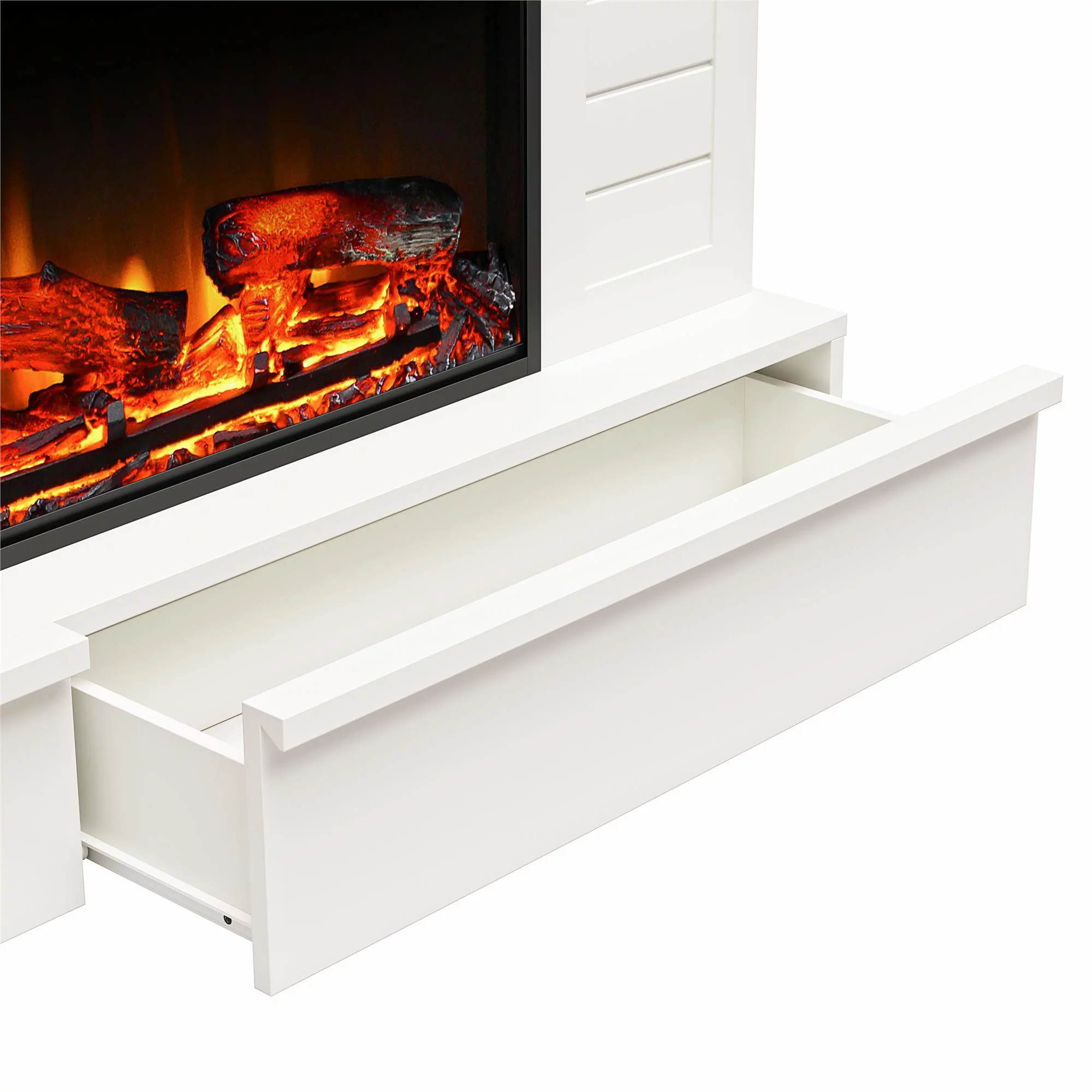 Ameriwood Home Heritage Place Wide Shiplap Mantel with Linear Electric Fireplace and Storage Drawers, White