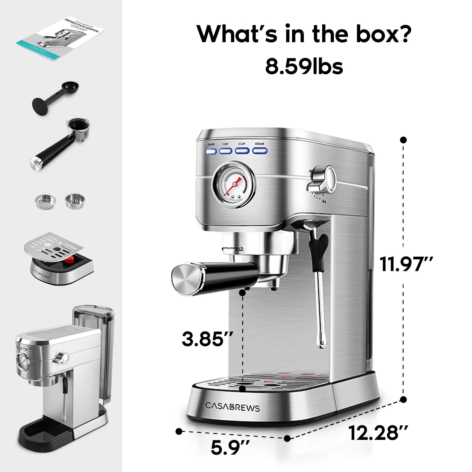 Casabrews 20 Bar Espresso Machine with Milk Frother Steam Wand, Stainless Steel Professional Cappuccino and Latte Coffee Machine, New, Silver