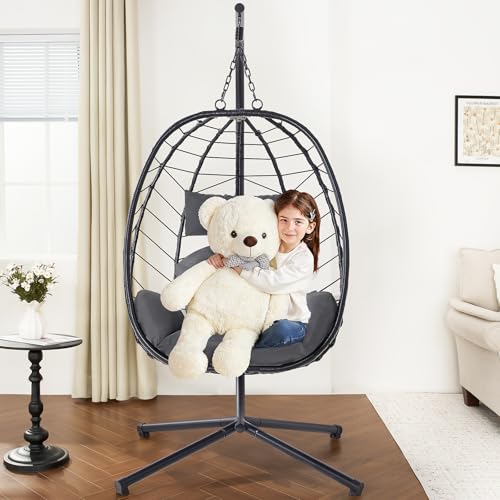 Hanging Egg Chair with Stand, Outdoor Indoor Egg Swing Chair with Cushion Headrest, Wicker Rattan Egg Chair with Dual Chains
