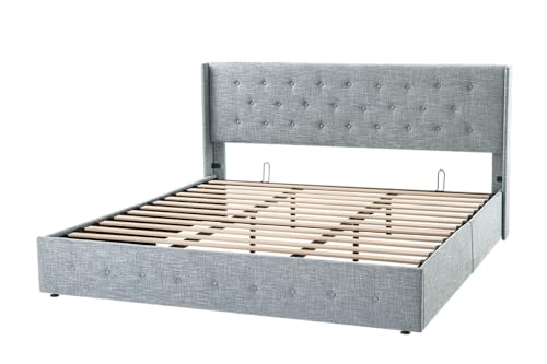 Allewie Full Size Lift Up Storage Bed, Modern Wingback Headboard, Hydraulic Support, No Box Spring Needed, Light Beige