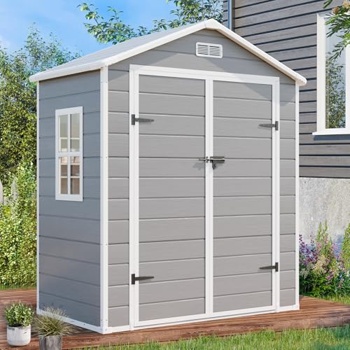 8x6x7 FT Resin Storage Shed, Waterproof Outdoor Storage Shed w/Floor, 2 Windows, Double Lockable Doors & Vents, Tool Shed for Patio Garden, Lawn