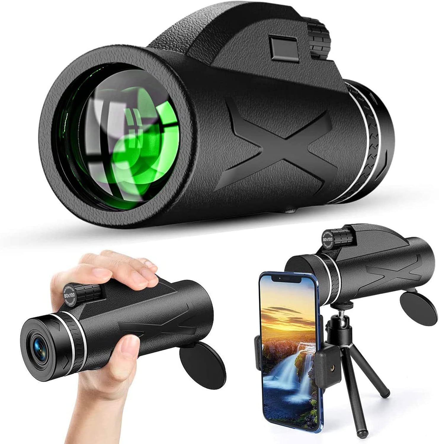 Monocular Telescope - 80X100 High Power Compact Monocular for Adults Kid HD Bifocal Scope with Smartphone Holder & Tripod