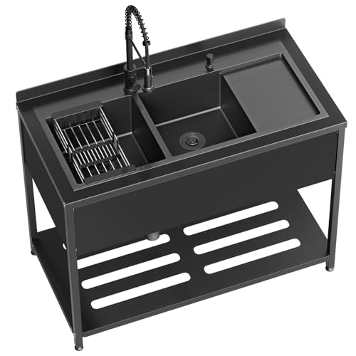 Stainless Steel Utility Sink, 36.6" × 24.2" × 36.6"Freestanding Sink with Cold and Hot Water Faucet,Hoses and Drain Kit for Kitchens, Bathrooms