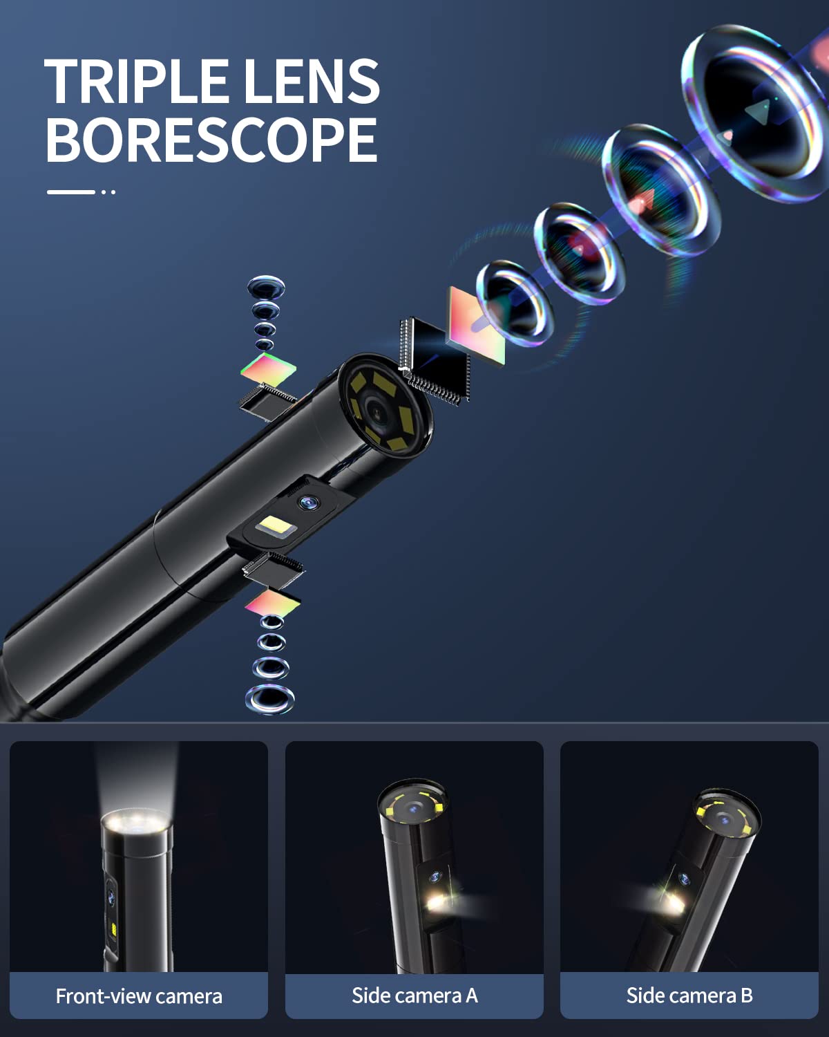 Triple Lens Borescope Inspection Camera, Teslong Professional Endoscope with Light, Digital Video Scope Camera, 16.4ft Waterproof Flexible Cable