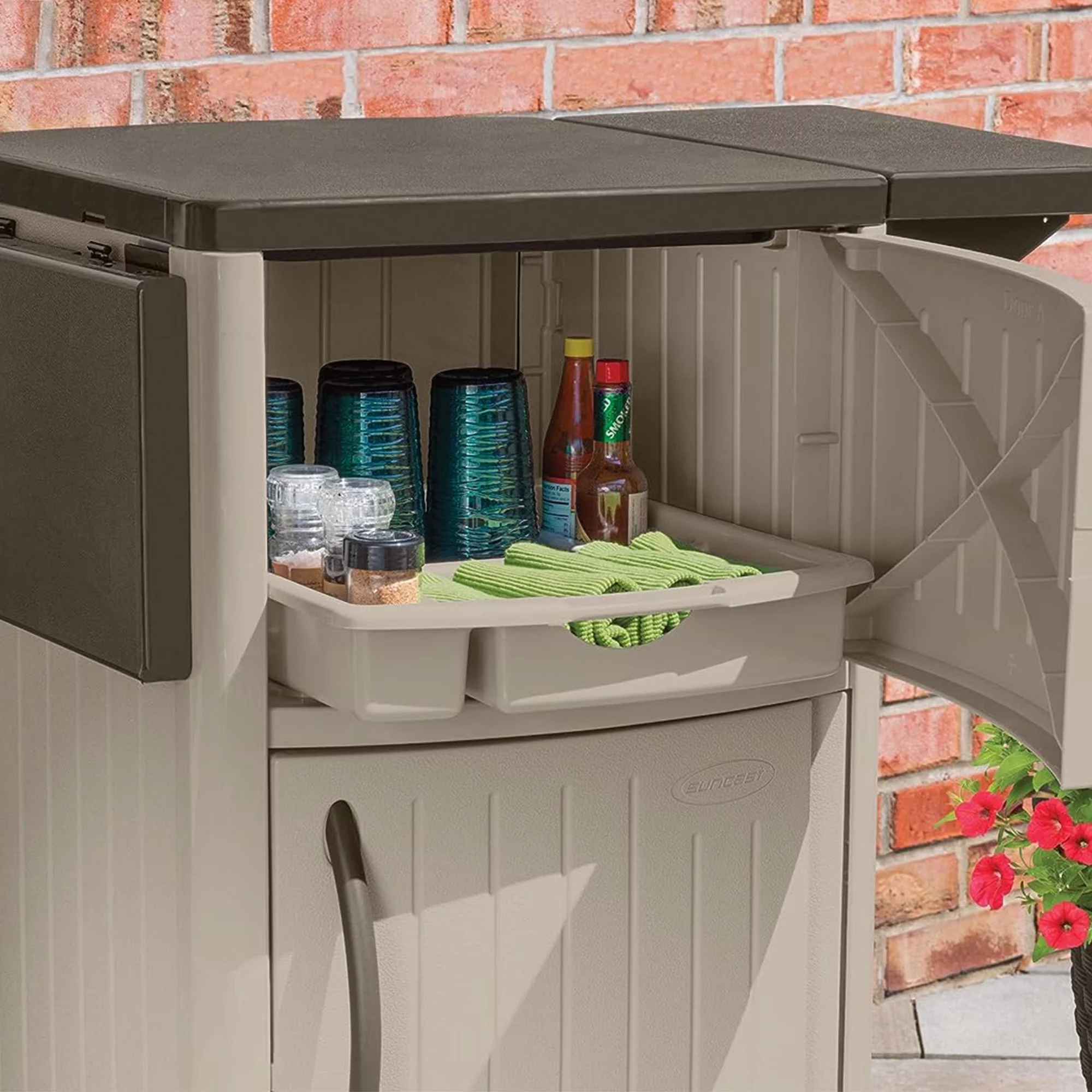 Suncast DCP2000 Portable Outdoor Prep Serving Grill Station Table and Cabinet