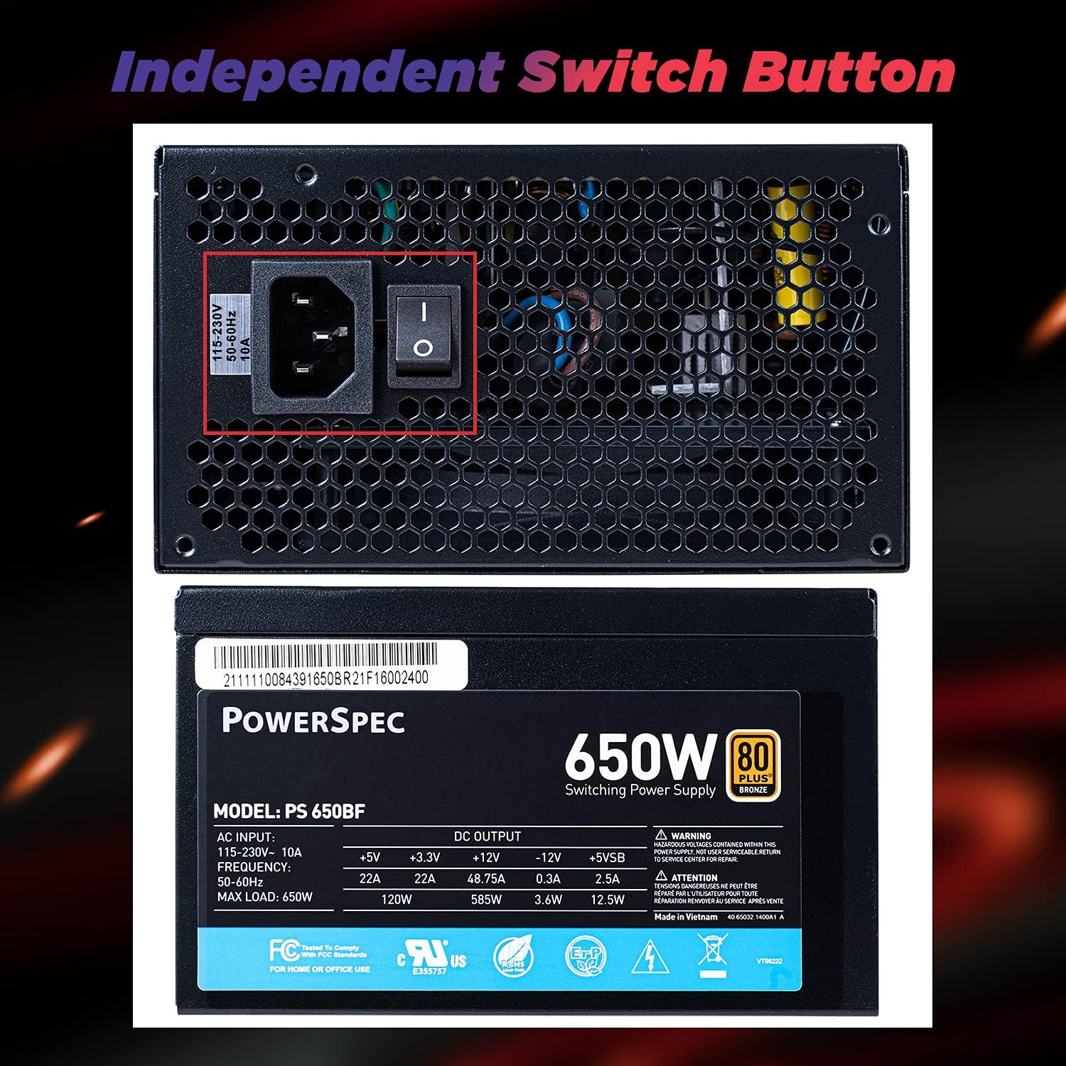 PowerSpec 650W Power Supply 80 Plus Bronze Certified Fixed Cable Non-Modular ATX PSU Active PFC SLI Crossfire Ready Gaming PC Computer Switching