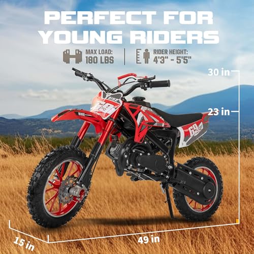 Kids Off-Road Dirt Bike 49CC 2-Stroke Gas Powered Mini Motorcycle with Front & Rear Disc Brakes, Easy Pull Start, 30 MPH Max Speed, 220 LBS Capacity