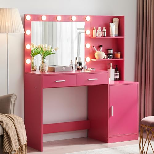 Vanity Desk with Mirror and LED Light Strip,Dressing Table with Large Drawer, 3 Level Storage Dresser & 3 Lighting Modes Adjustable Brightness