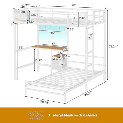 DICTAC Twin Over Twin Size Bunk Bed with Desk and Charging Station Metal Loft Bed with Led Lights & Storage Shelves and Drawers L-Shaped Bunk Bed for