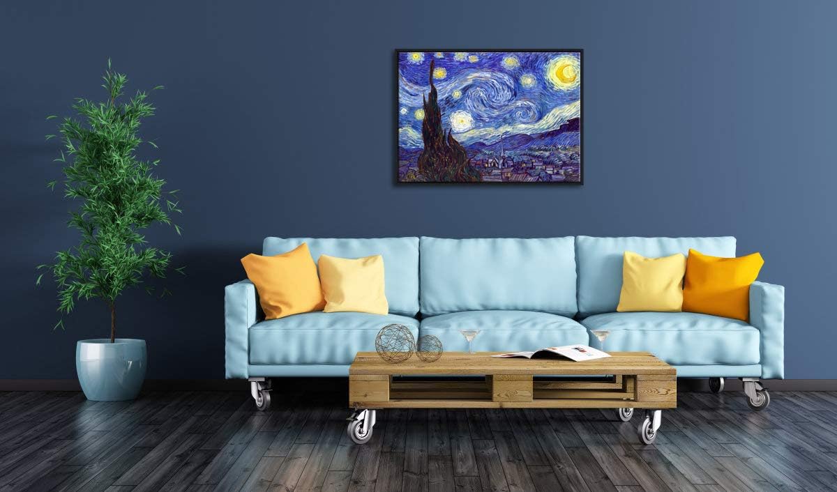 Wieco Art Framed Art Canvas Prints of Starry Night by Vincent Van Gogh Paintings Reproduction Post-Impressionism Artwork Framed Wall Art for Living