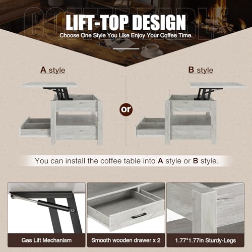 Rolanstar Coffee Table, Lift Top Coffee Table with Drawers and Hidden Compartment, Retro Central Table with Wooden Lift Tabletop, for Living Room