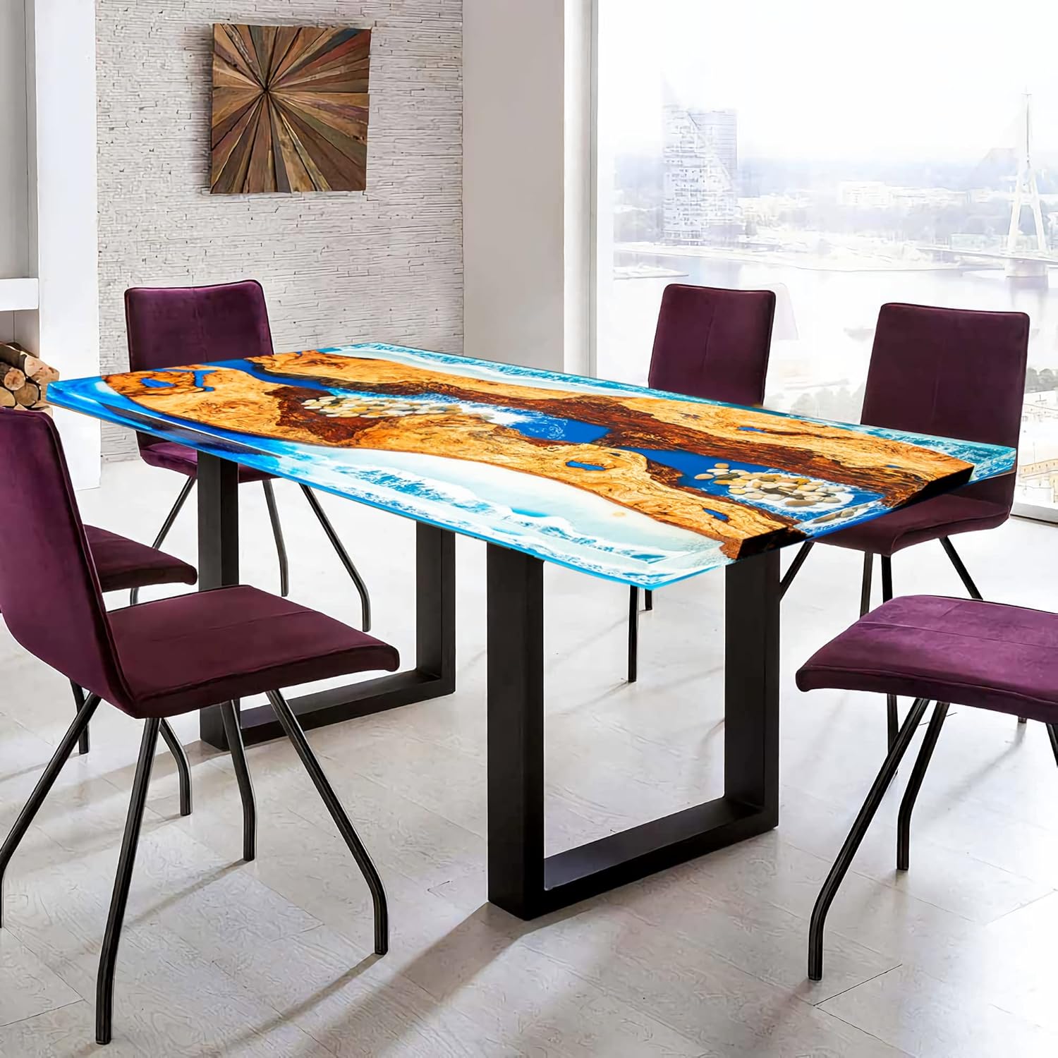 Hand Made Epoxy Resin Room Table for Home Office Living, Craft River Natural Edge Wood end Table, Blue Resin Dining Table for 2, 4