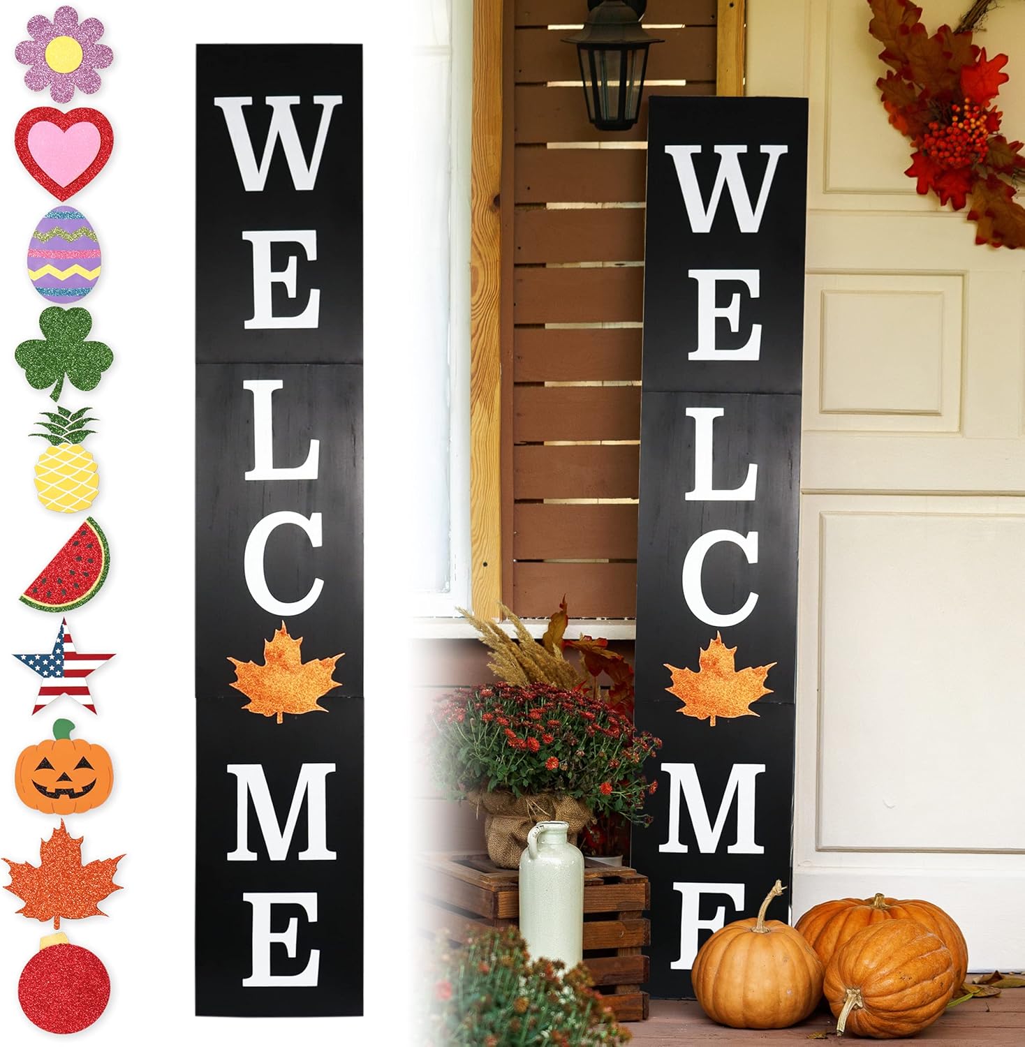 Outdoor Welcome Sign for Front Porch Decor, Interchangeable Seasonal Icons Vertical Welcome Sign, Modern Farmhouse Decor for The Home