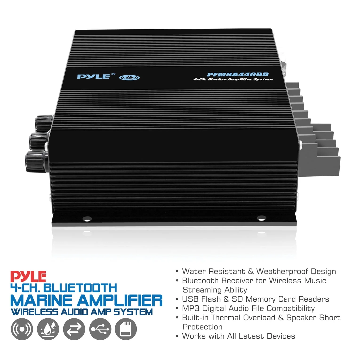 Pyle 400 Watt 4-Channel BT Marine Amplifier Weather Resistant cordfree Audio Amp System with MP3/USB/SD Readers, Black