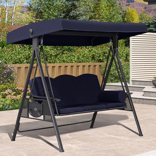 PURPLE LEAF Outdoor Patio Porch Swing with Adjustable PVC Canopy, 3-seat Swing Chair Bench with Side Cup Holder for Backyard Front Porch Lawn