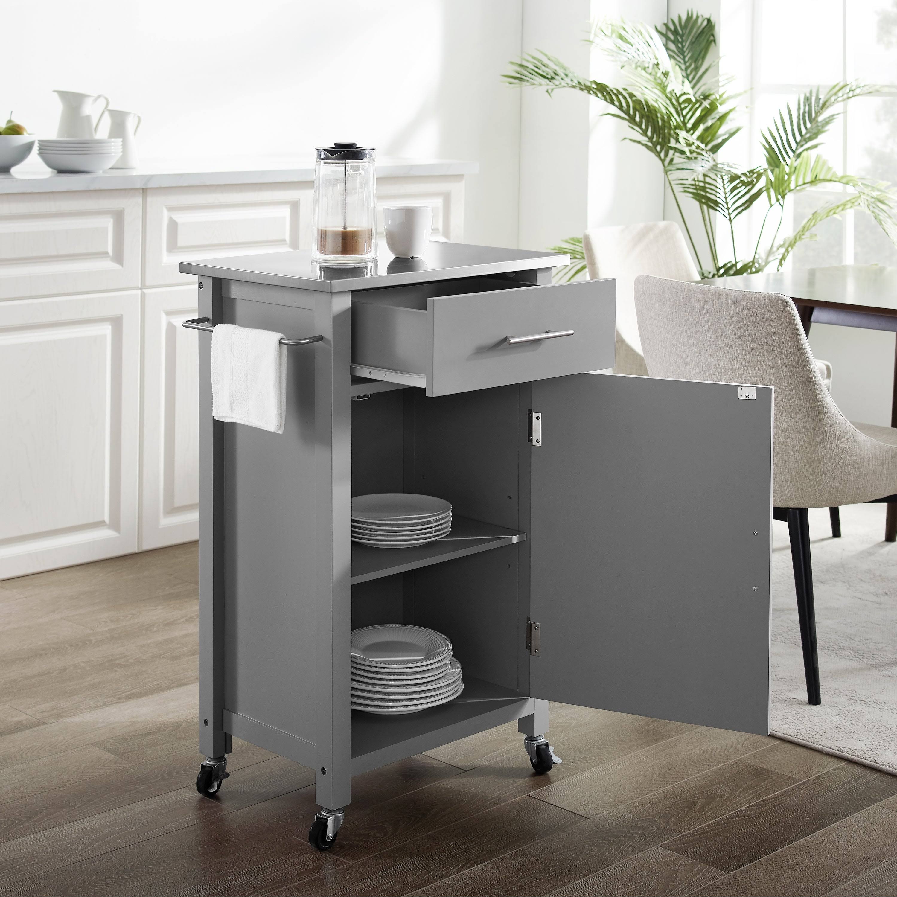 Crosley Savannah Compact Kitchen Island Cart Gray Stainless Steel Top