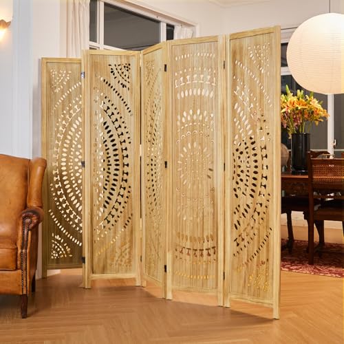 66.9Inch Folding Room Divider, 6 Panels Wood Carved Privacy Screens