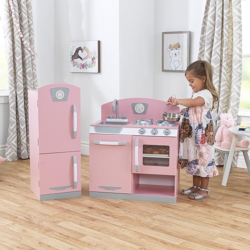 KidKraft Retro Wooden Play Kitchen and Refrigerator 2-Piece Set with Faucet, Sink, Burners and Working Knobs, Pink, Gift for Ages 3+