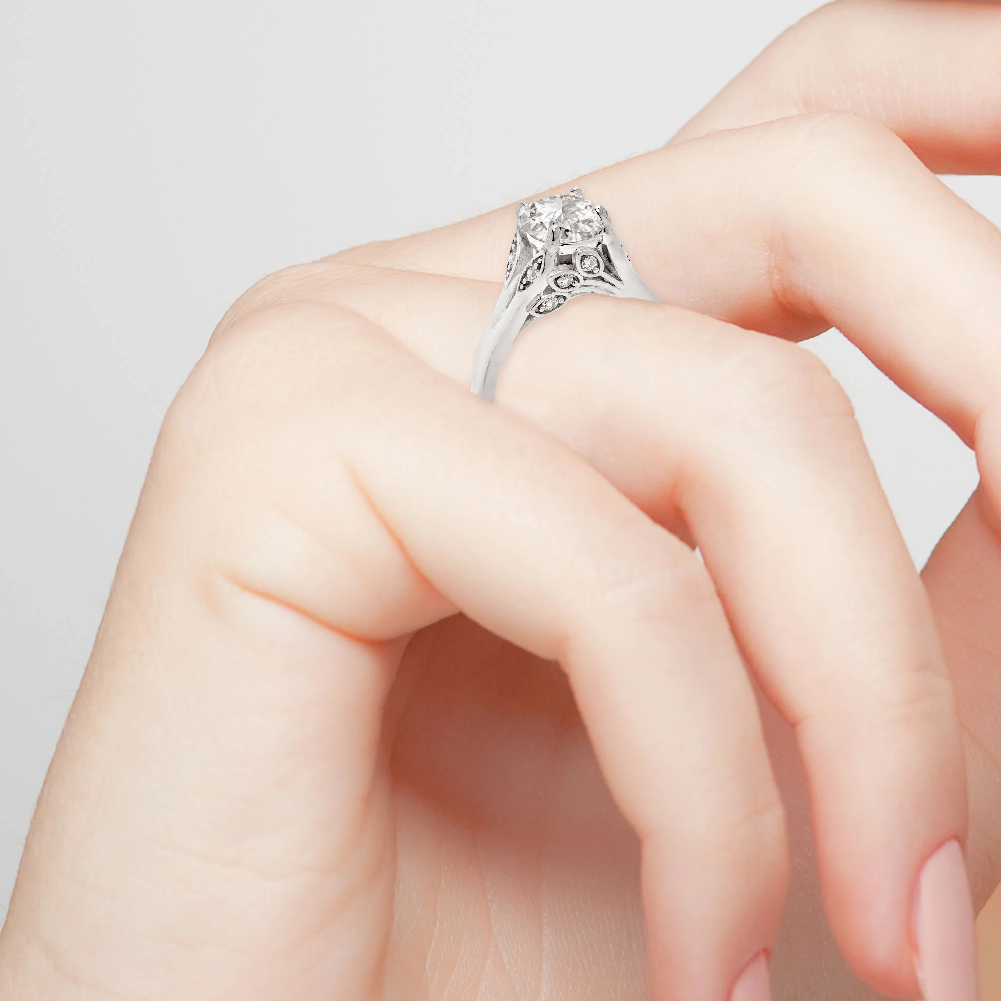 Vow & Forever Personalized Planet Bridal Platinum over Sterling Silver Brilliant White Topaz with Leaf Detail Engraved Wedding Ring ,Women's