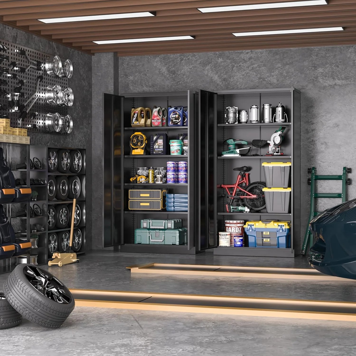 Metal Garage Storage Cabinet with Lock, 72" H Storage Cabinets with Doors and Adjustable Shelves, Black Lockable Steel Supply Cabinet for Home Office