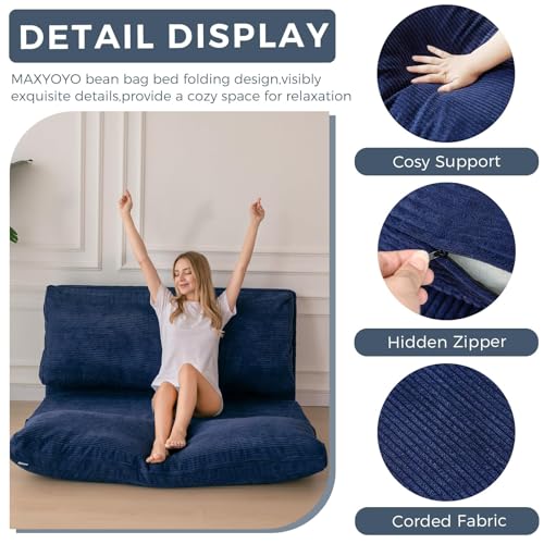 MAXYOYO Bean Bag Bed Folding Sofa Bed Floor Mattress for Adults, Extra Thick and Long Floor Sofa with Corded Washable Cover, Dark Grey, 30x95 Inch