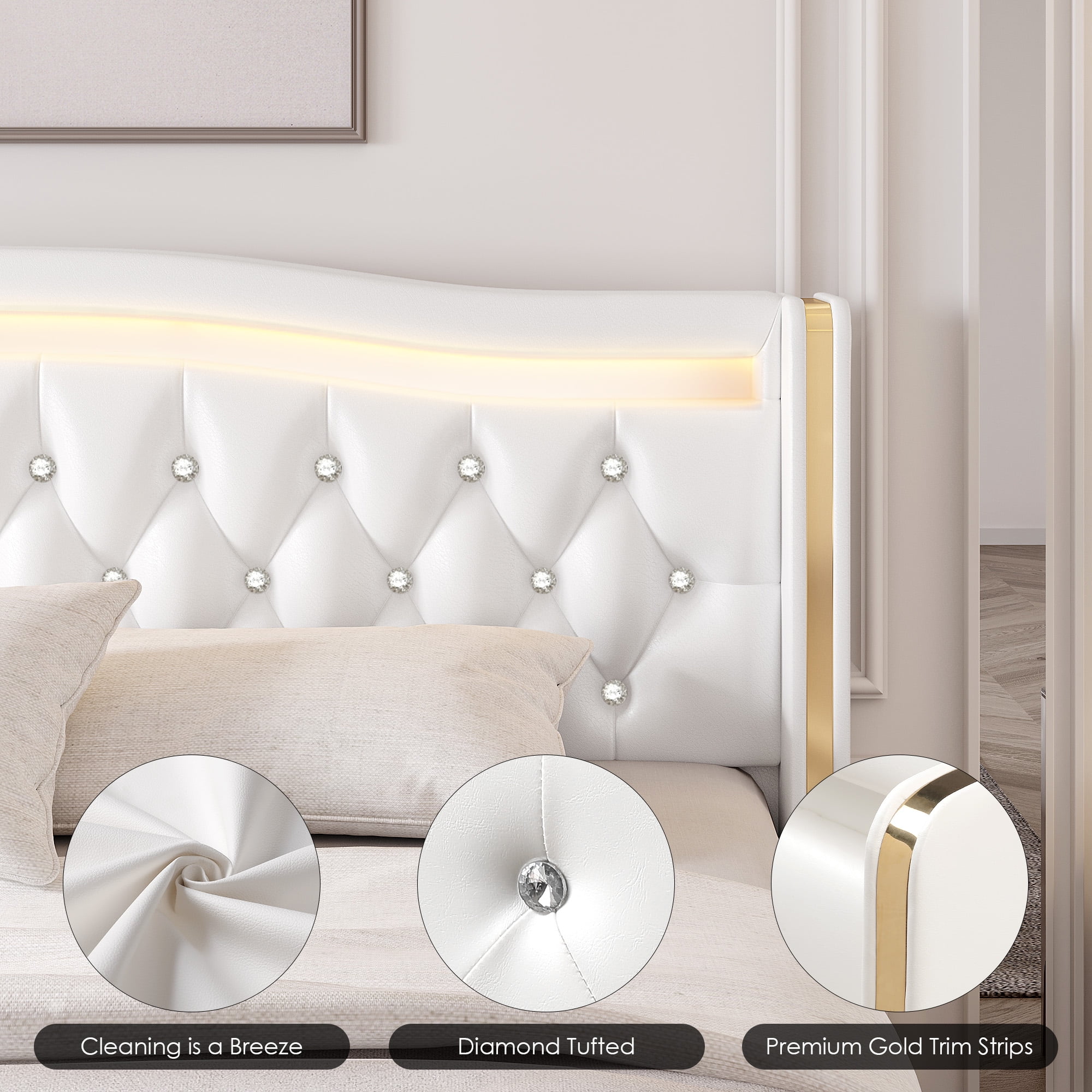 Homfa Full Size LED Bed Frame with 4 Storage Drawers, PU Leather Upholstered Platform Bed with Crystal Buttons Headboard, White