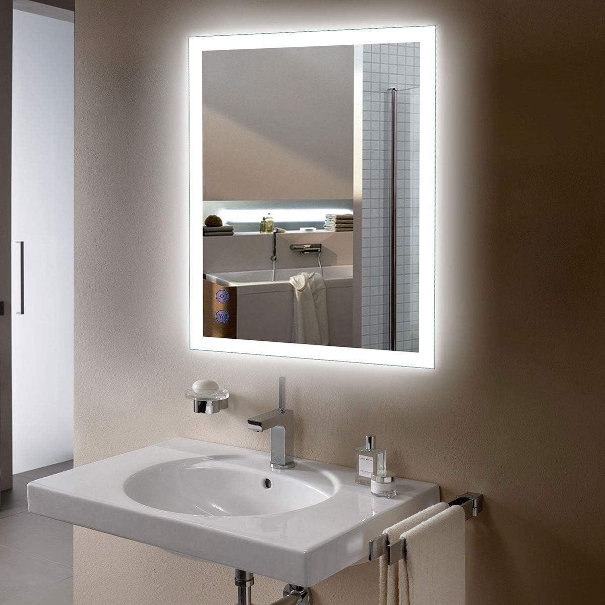 Dimmable LED Bathroom Mirror with Anti-Fog Function, 36x28 in Vertical & Horizontal Mount Illuminated Mirror with Touch Button, CRI>90
