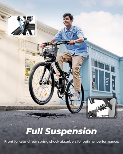 isinwheel M40 Folding Electric Bike for Adults 500W Ebike with Basket, Dual USB Charging Ports, Full Suspension, 7 Speed Gearshift