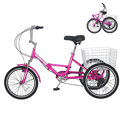 NAIZEA Adult Folding Tricycle Adult Tricycles, 7 Speed 20/24/26 Inch 3 Wheel Bike Cruiser Trike with Large Basket/Low-Step Through