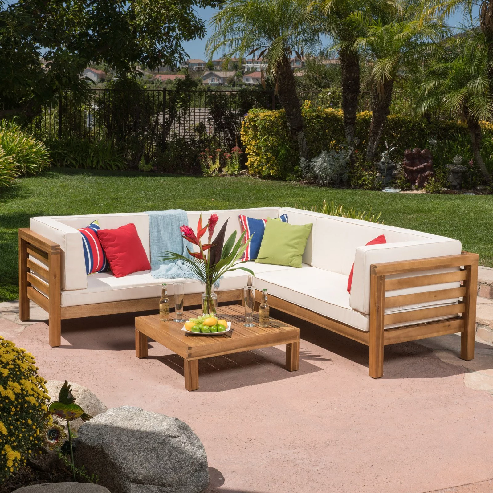 Oana Wooden 4 Piece Patio Sectional Sofa Set with Gray Cushions