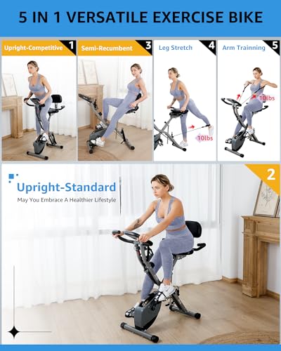 Foldable Exercise Bike Stationary Bikes for Home, 5 IN 1 Indoor Workout Bike, Cycling Bike with 16-Level Quiet Magnetic Resistance