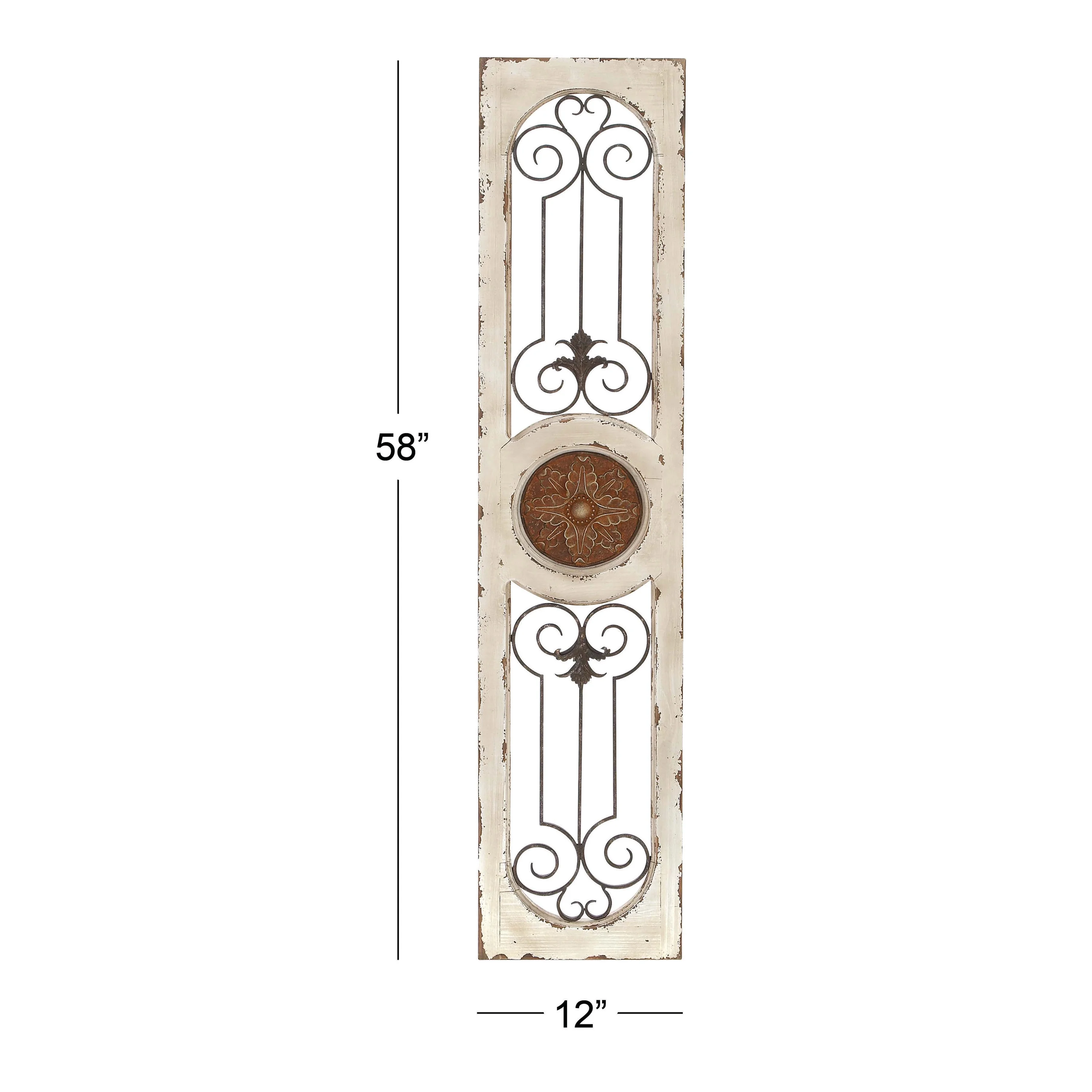 DecMode White Wood Distressed Door Inspired Ornamental Scroll Wall Decor with Metal Wire Details