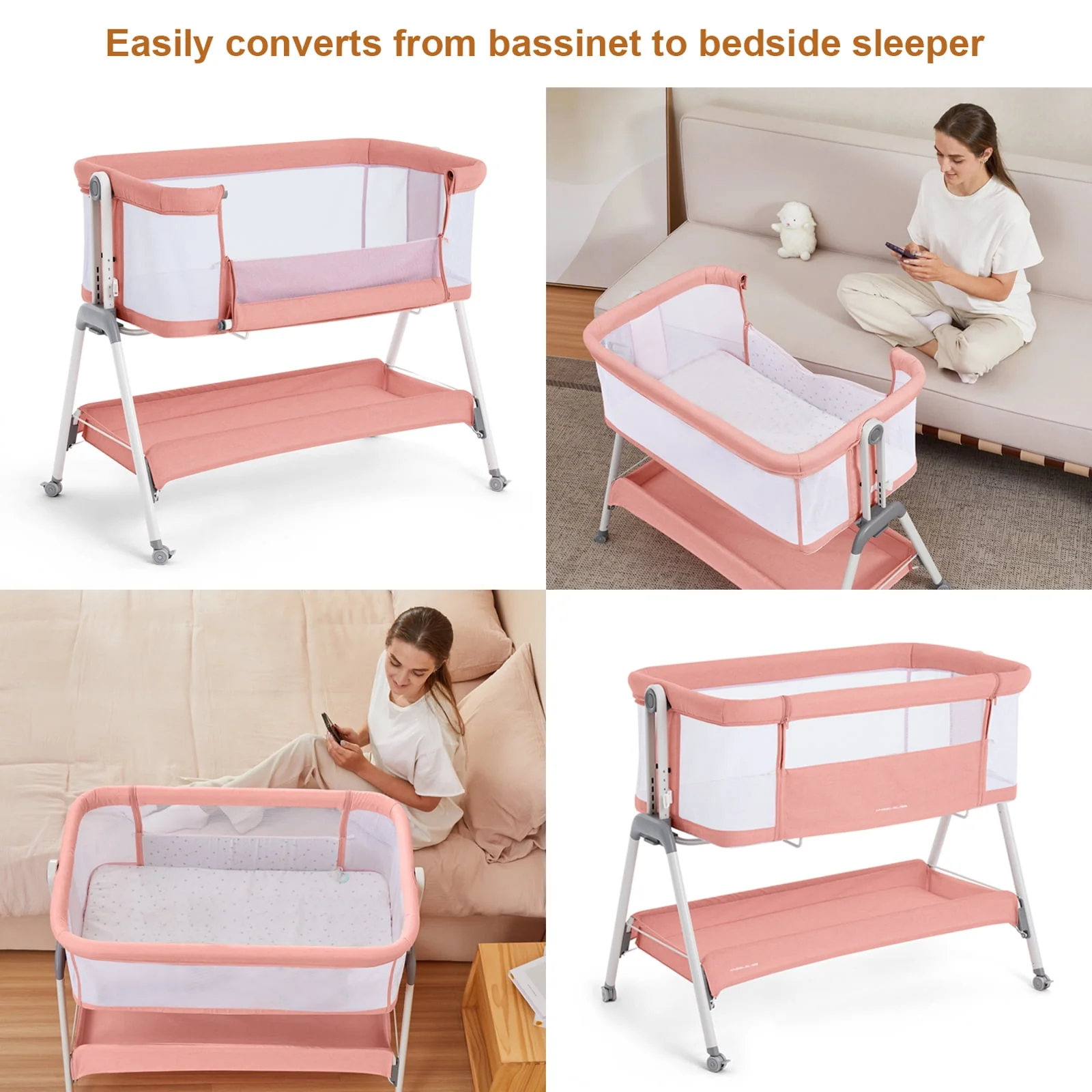 ANGELBLISS Flat Bedside Bassinet with Storage Basket, Easy Folding Portable Crib with Wheels, Included Breathable Mesh