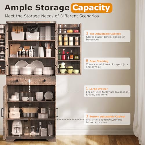 72" Tall Farmhouse Kitchen Pantry Cabinet, Large Storage Cabinet with 6 Adjustable Shelves, 4 Barn Doors & Drawer for Bathroom, Dining Room, Brown